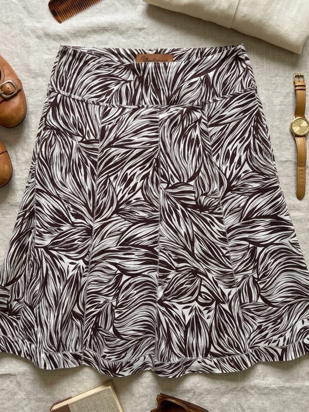 Ann Taylor Chocolate Brown & White Abstract Leaf Skirt S Old Money Basic Earthy